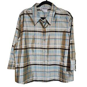 Carlisle Womens Plaid Button-Up Shirt 3/4 Sleeves Size 18 100% Silk Beige & Blue